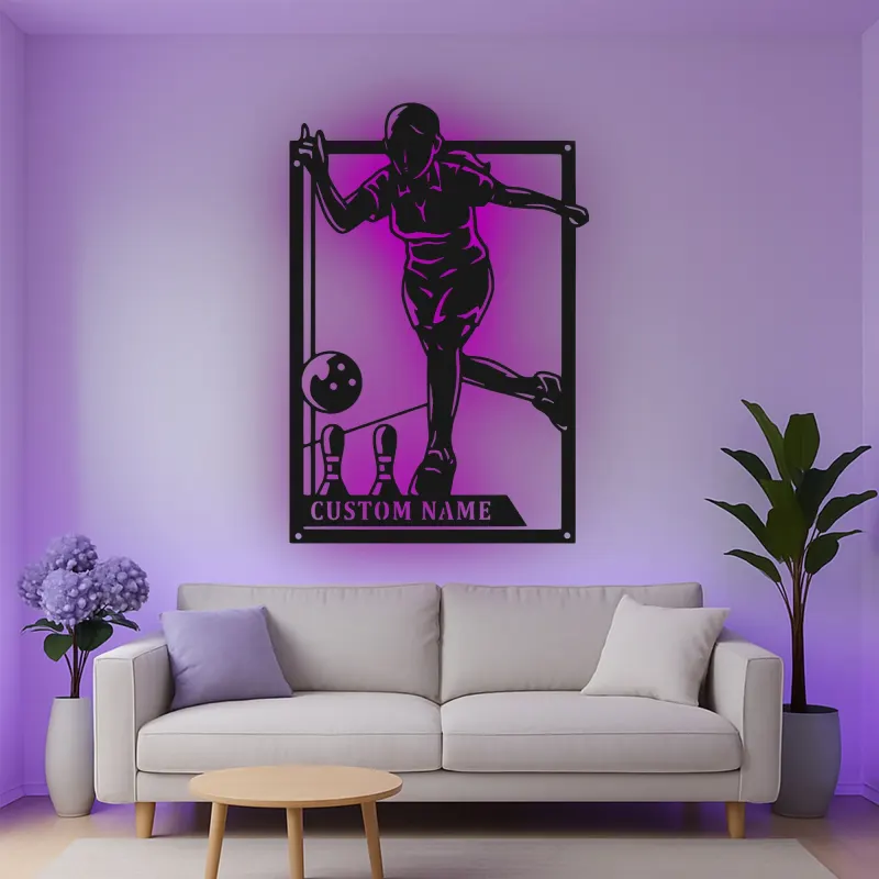 Custom Bowling Player Led Light Metal Wall Art Personalized Gift for Bowlers Game Room Sports Decor