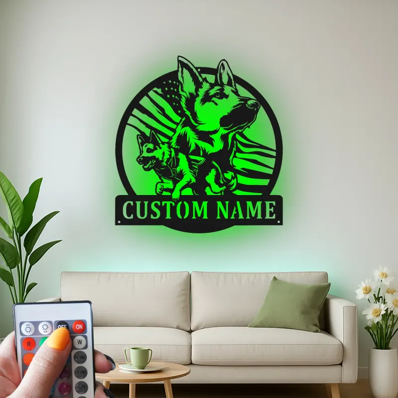 German Shepherd LED Metal Wall Art | Custom American Flag Sign | Patriotic Dog Owner Gift | Personalized Pet Decor