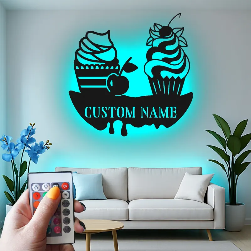 Décoration murale en métal personnalisée avec éclairage LED de cupcake - Décor de cuisine - Cadeau sucré pour les boulangers