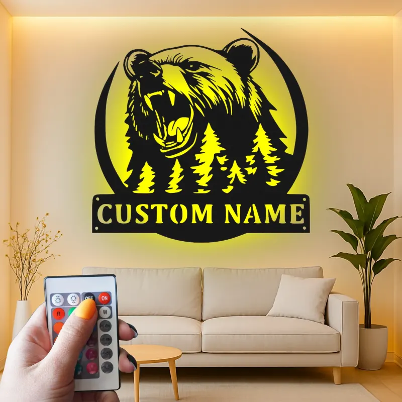 Décoration murale en métal LED personnalisée Forêt d'Ours - Cadeau pour amoureux de la nature - Décor de chalet