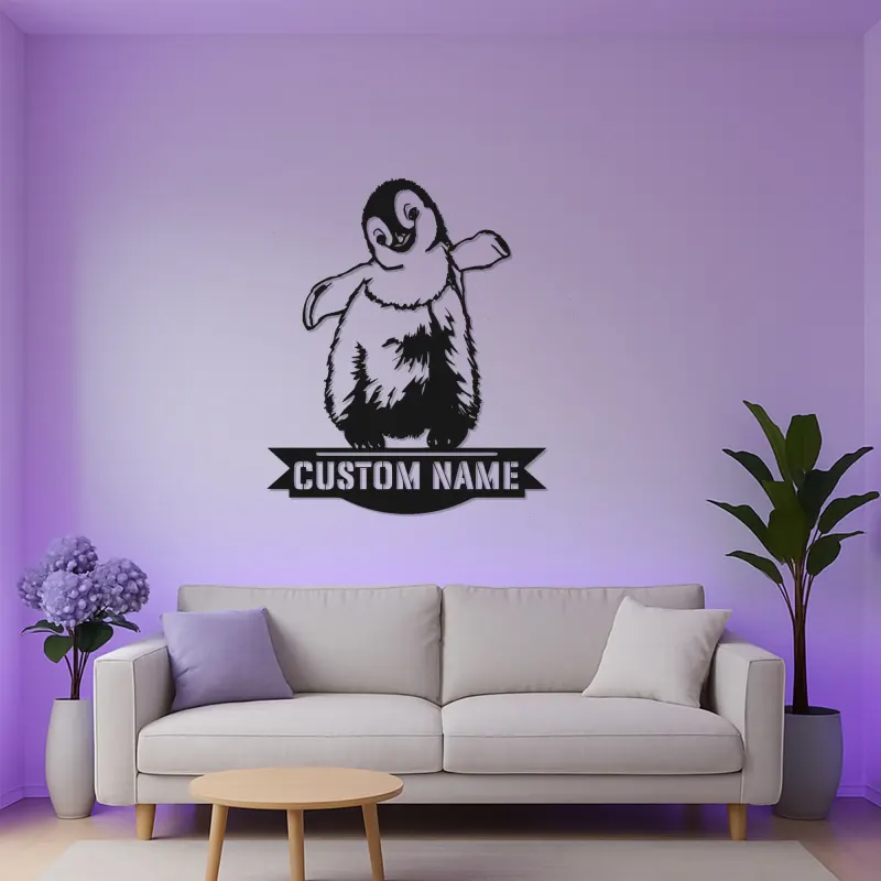 Insegna LED in metallo con pinguino personalizzata | Arte da parete per cameretta | Decorazione luminosa con nome del bambino | Regalo premium pulcino imperatore
