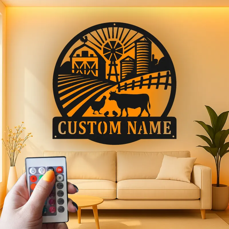 Cartel de Granja Personalizado con LED | Arte de Metal de Granja Personalizado | Placa de Nombre Familiar Rústica para Granjeros
