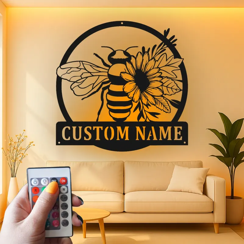 Custom Bee and Flower Led Light Metal Wall Art Personalized Garden Lover Gift Outdoor Patio Decor