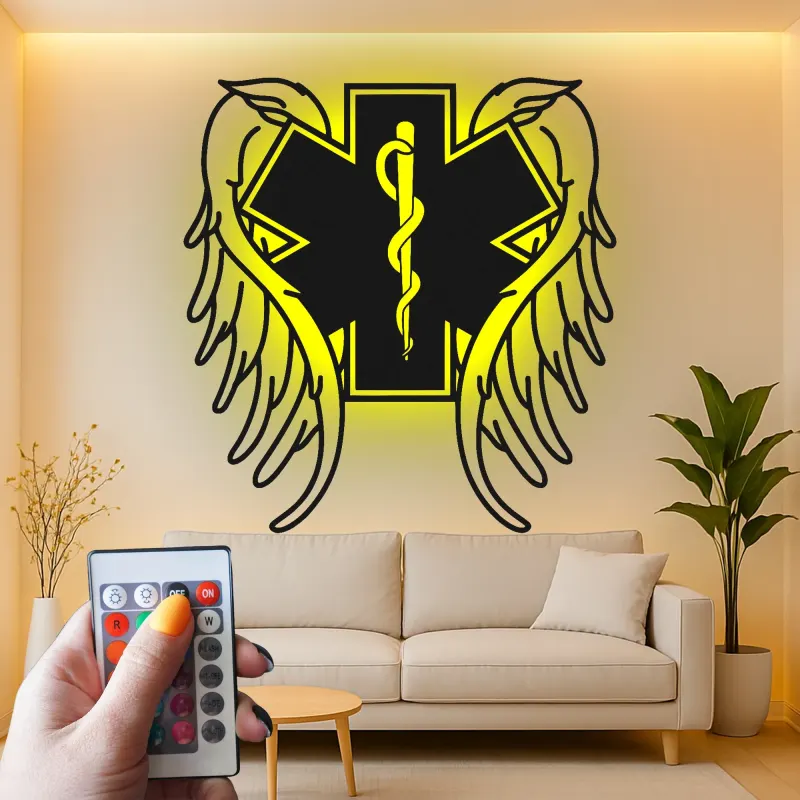 Insegna LED Star of Life | Arte in metallo personalizzata per EMT e paramedici | Simbolo medico con ali d'angelo | Regalo per primo soccorritore e decorazione per cliniche