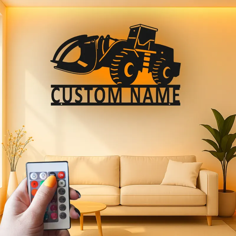 Décoration murale en métal LED personnalisée pour excavateur - Cadeau pour passionnés de construction - Décor de garage ou de bureau