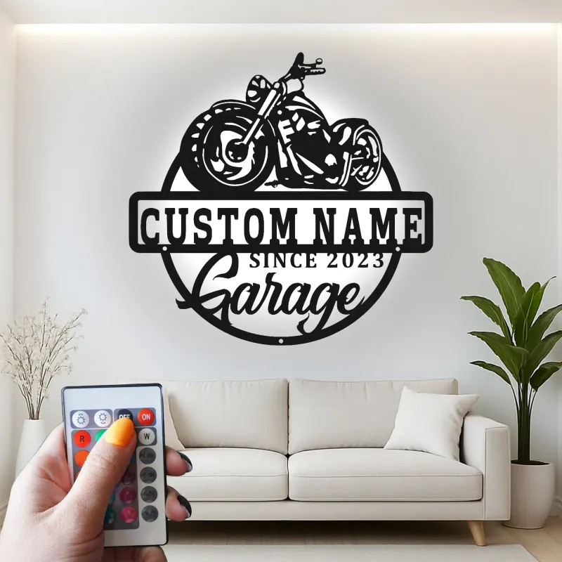 Personalized Motorcycle Metal Sign | LED Light Wall Art for Garage & Man Cave | Custom Biker Name Gift