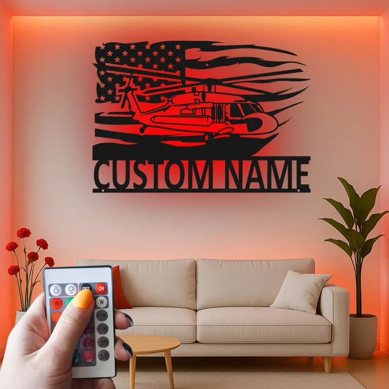 Black Hawk Helicopter LED Metal Wall Art | Personalized Pilot Gift | Custom Name Sign | Patriotic American Flag Wall Decor