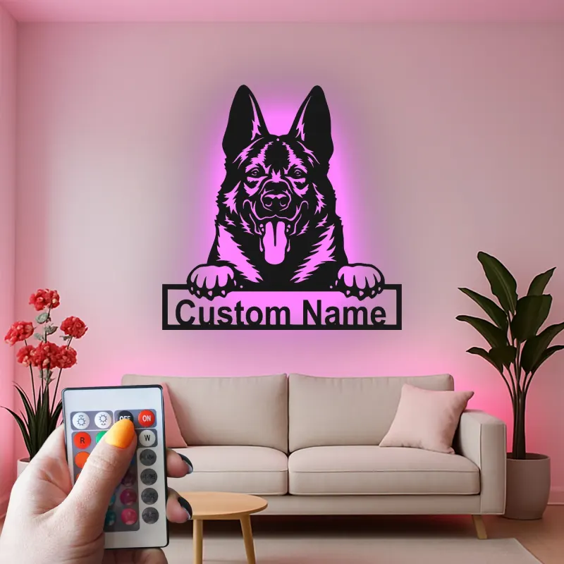 Insegna LED personalizzata con Pastore Tedesco | Arte da parete con nome del cane | Decorazione in metallo retroilluminata per ingresso | Regalo per amanti dei cani