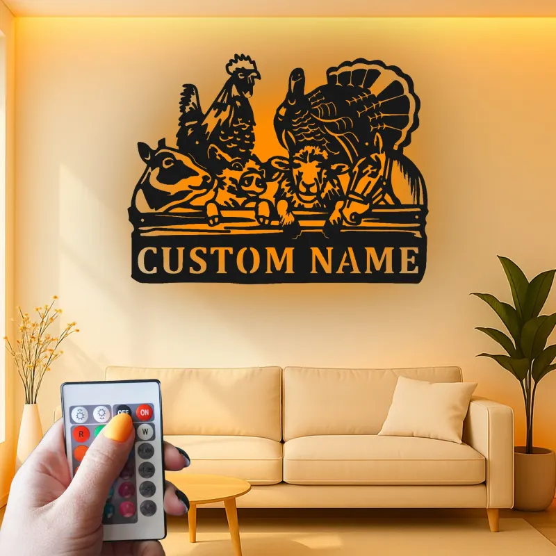 Décoration murale en métal personnalisée avec animaux de la ferme et rétroéclairage