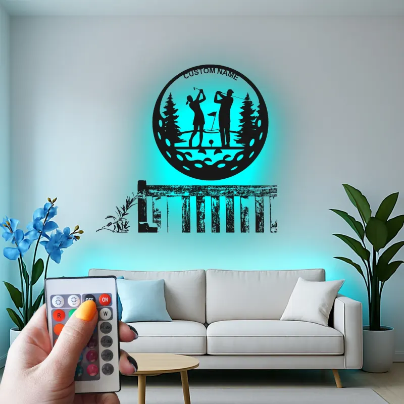 Custom Golf Couple Metal Sign | Personalized Golfer LED Wall Art | Unique Anniversary Gift for Golfers | Home Bar Decor