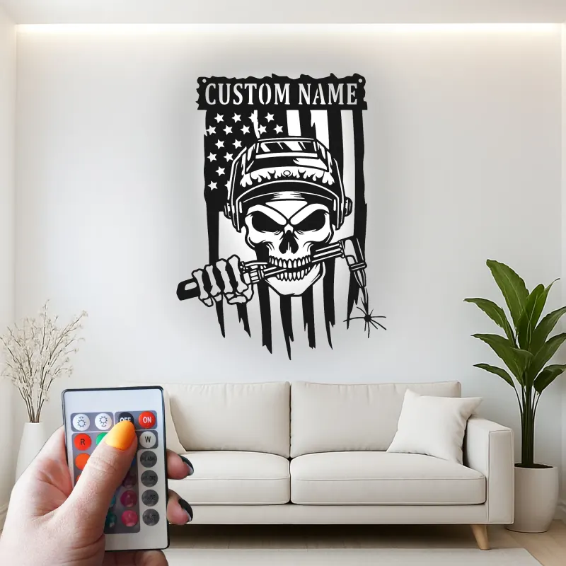Décoration murale en métal personnalisée Crâne de soudeur avec rétroéclairage LED Cadeau unique pour les soudeurs Décor de garage ou d'atelier