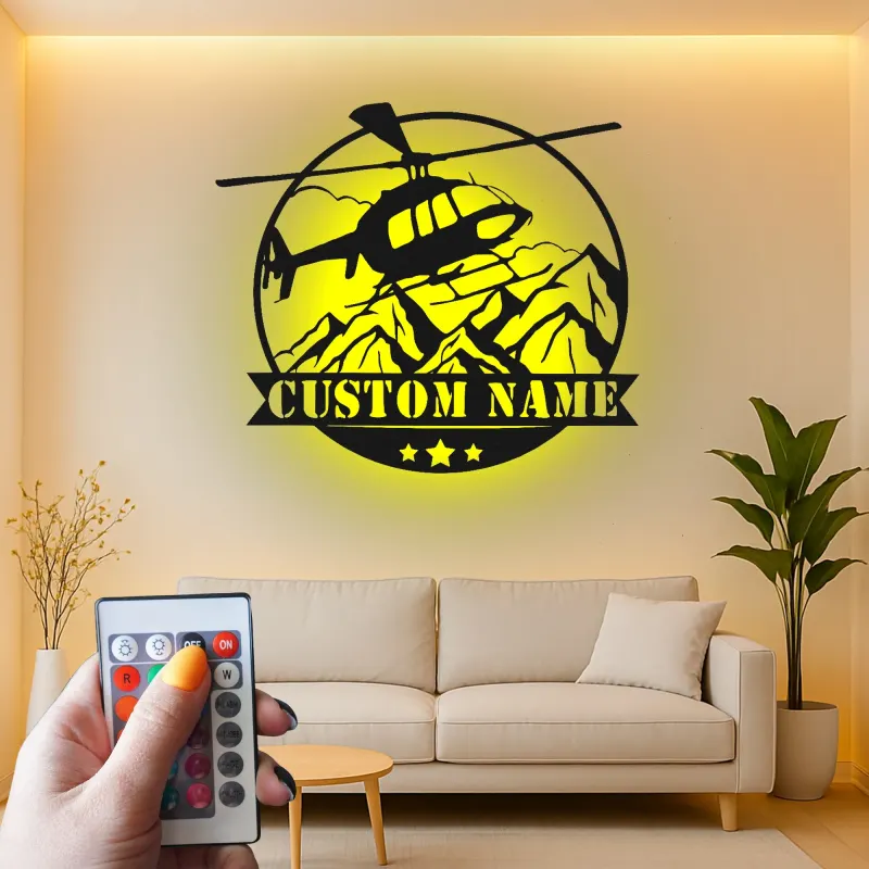 Custom Helicopter Metal Sign with LED | Personalized Pilot Gift | Aviation Wall Art for Office & Man Cave