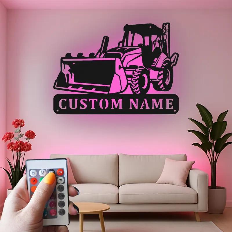 Décoration murale en métal personnalisée avec bulldozer rétroéclairé - Cadeau de construction pour lui - Décor de garage ou d'atelier