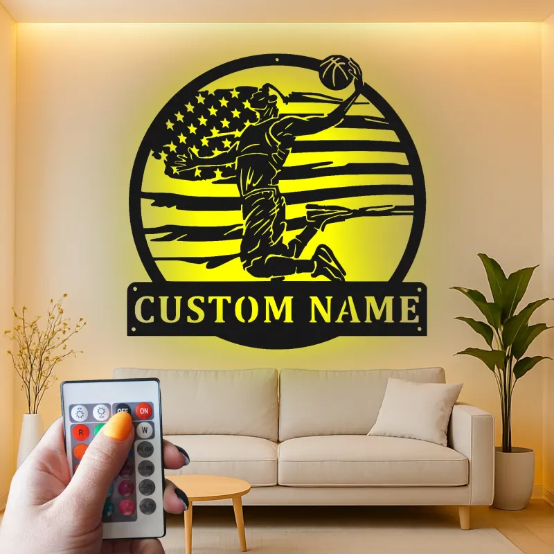 Décoration murale en métal personnalisée pour joueur de basketball avec rétroéclairage LED - Cadeau pour fans de sport