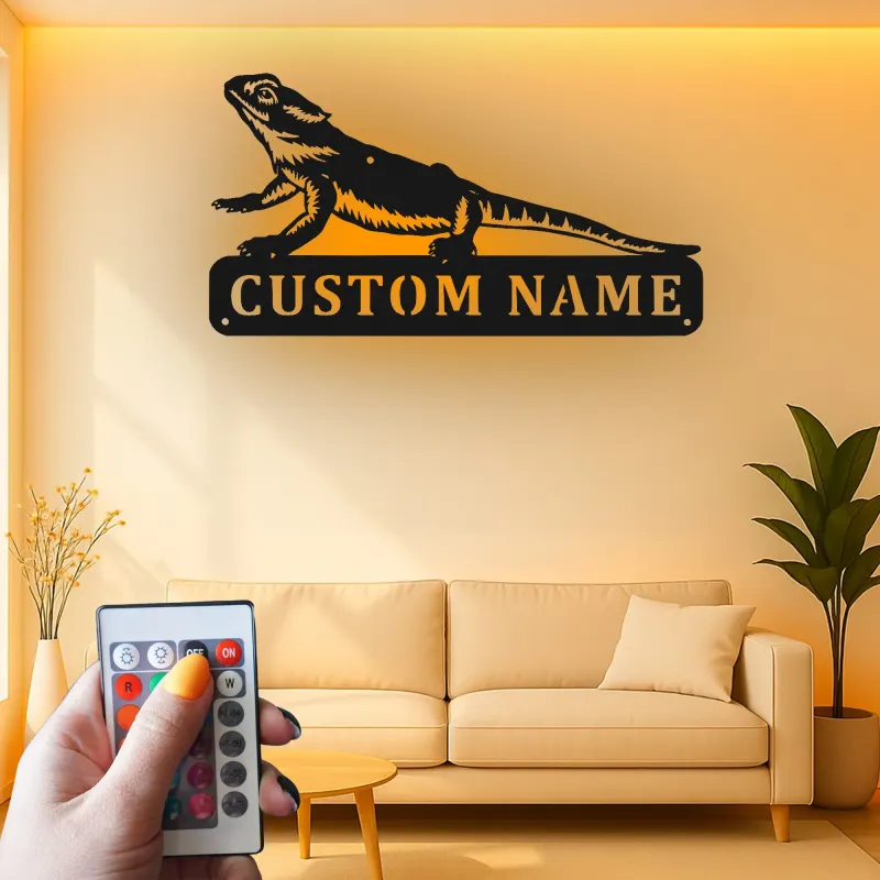 Personalisierte Metalltafel für Bartagame | LED-beleuchtete Reptil-Wandkunst | Individuelles Haustier-Schild | Einzigartiges Geschenk für Echsenliebhaber