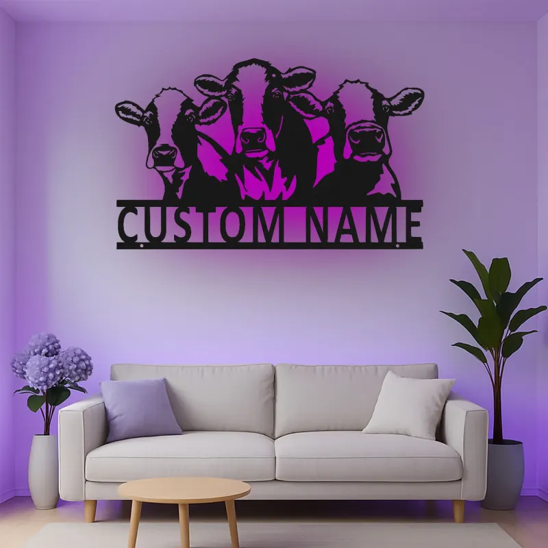 Décoration murale en métal personnalisée avec trio de vaches et rétroéclairage LED - Cadeau de ferme pour une cuisine rustique ou une grange
