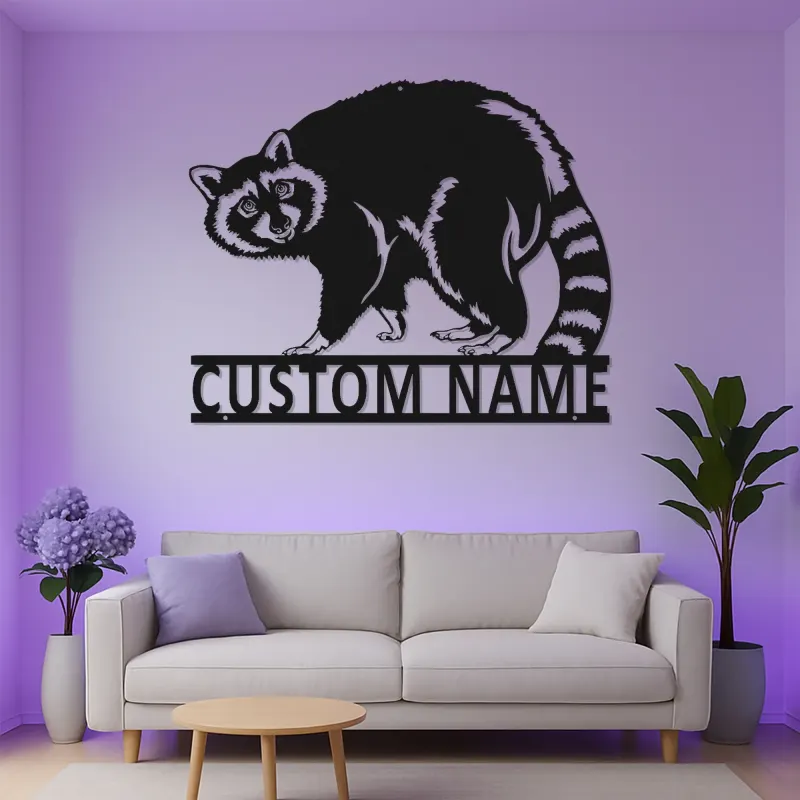 Enseigne raton laveur LED personnalisée | Décoration murale en métal faune sauvage | Plaque prénom forêt personnalisée | Cadeau animal lumineux pour amoureux de la nature
