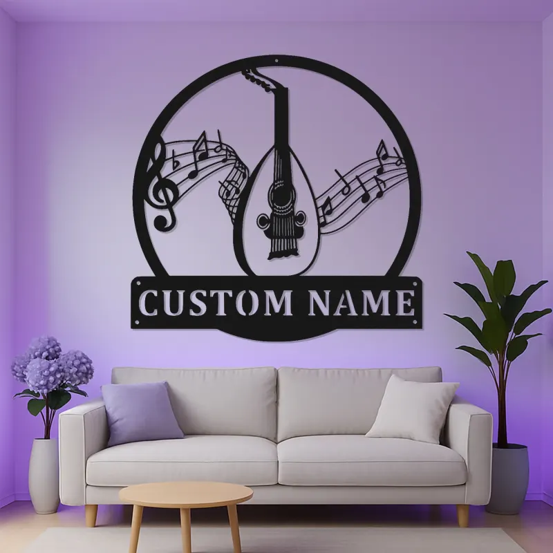 Panneau personnalisé en forme d'oud | Art mural en métal avec rétroéclairage LED | Cadeau personnalisé pour musicien | Décor de salle de musique