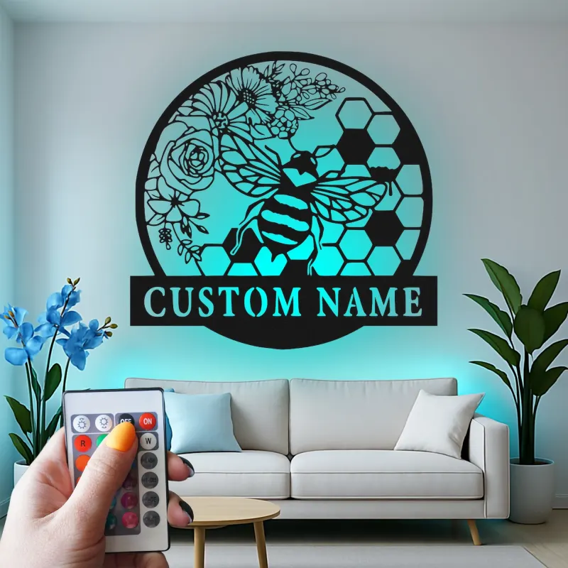 Custom Bee and Flowers Led Light Metal Wall Art Personalized Gift for Nature Lovers Garden or Living Room Decor