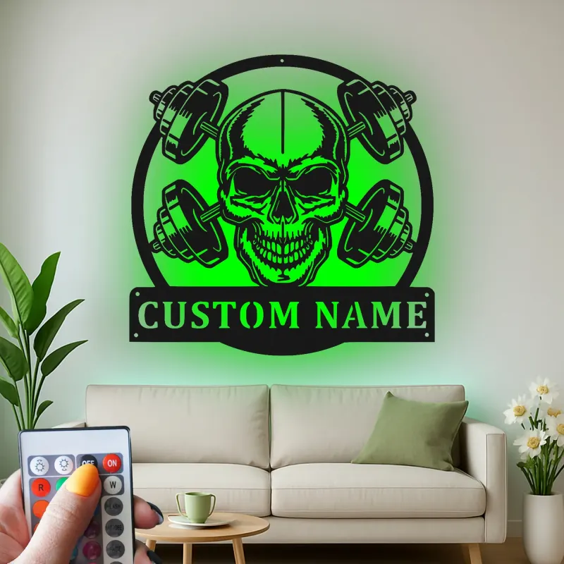 Insegna da Palestra Personalizzata con Teschio e Manubri | Insegna in Metallo LED per Stanza Allenamento a Casa | Regalo per Amante del Fitness