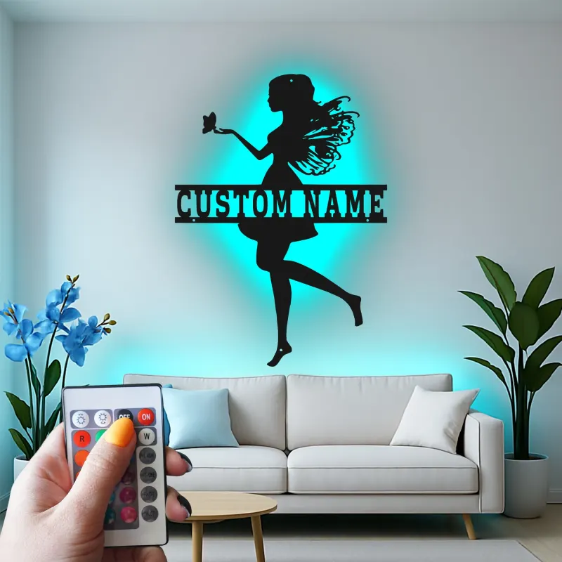 Insegna personalizzata con nome fata e LED | Insegna in metallo personalizzata per cameretta bambina | Decorazione magica per nursery | Decorazione da parete fiabesca