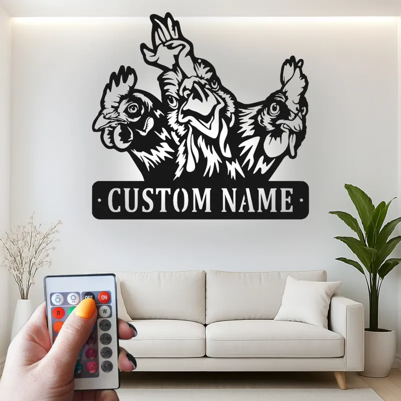 Custom Chicken Trio Led Light Metal Wall Art Farmhouse Gift for Chicken Lovers Kitchen or Barn Decor