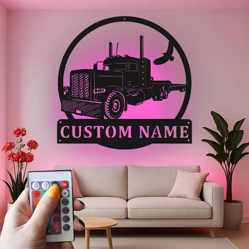 Décoration murale en métal LED personnalisée pour camion semi - Cadeau pour camionneur pour lui, décoration de garage ou de man cave