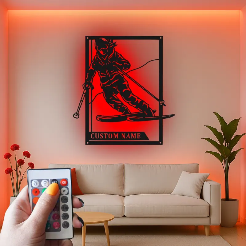 Custom Skier Led Light Metal Wall Art Personalized Skiing Gift for Winter Sports Enthusiasts Game Room Decor