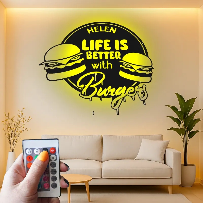 Insegna in metallo personalizzata con luce LED per amanti degli hamburger, regalo divertente per la cucina, decorazione per sala da pranzo