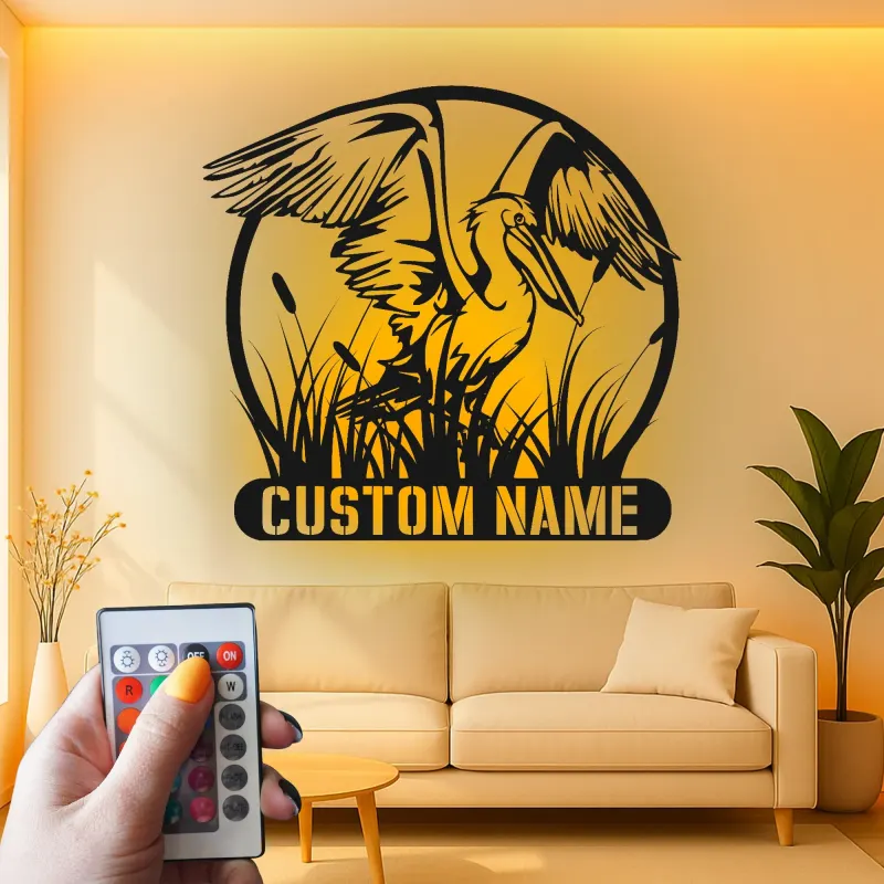Insegna in Metallo Pellicano Personalizzata | Arte Murale LED Costiera per la Casa | Regalo per Amanti degli Uccelli | Decorazione per Casa al Mare