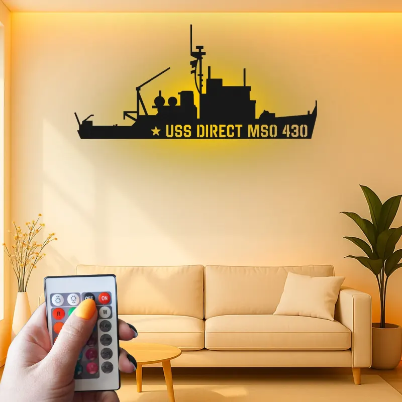 Art mural en métal LED USS Direct MSO 430 | Panneau silhouette de navire de la marine | Cadeau pour vétéran militaire | Décor nautique