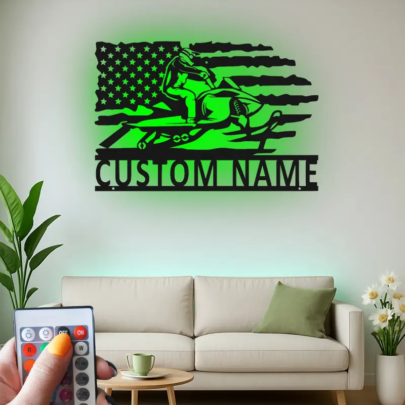 Plaque Métallique LED Personnalisée Motoneige | Art Mural Drapeau Américain Personnalisé | Cadeau Motoneigiste | Décor Man Cave