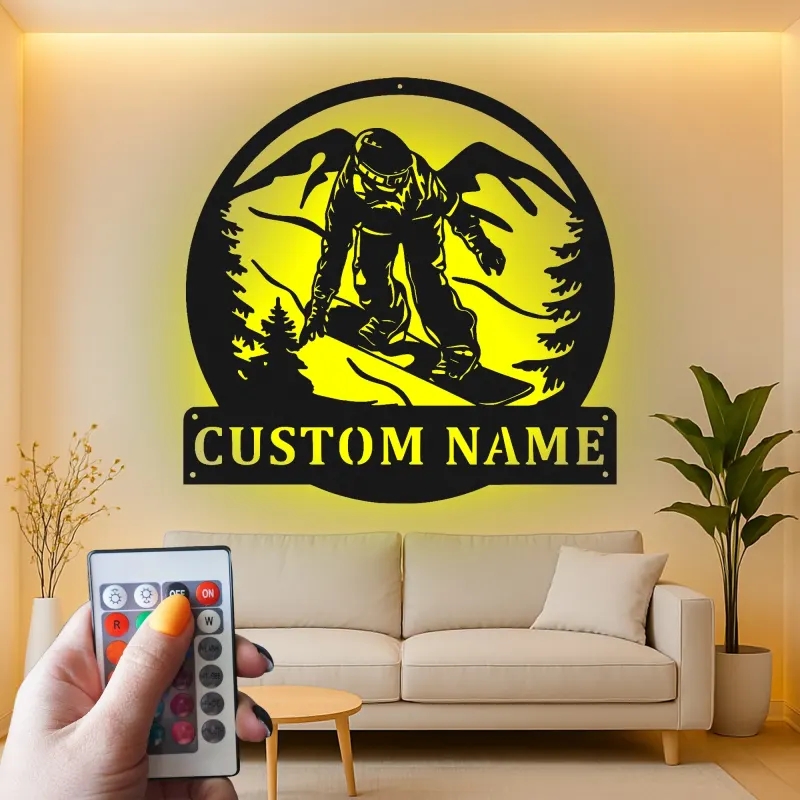 Cartel LED de snowboarder personalizado | Arte mural de metal personalizado | Decoración retroiluminada de montaña para cueva de hombres | Regalo de snowboarder