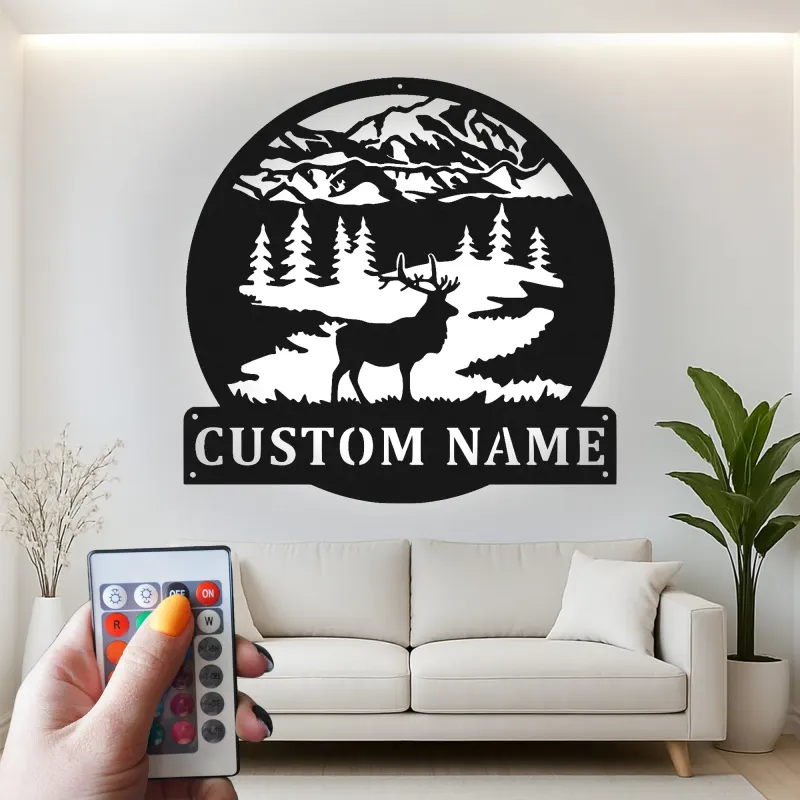 Insegna in metallo personalizzata con luce LED a forma di cervo - Regalo per amanti della natura per cabine o lodge