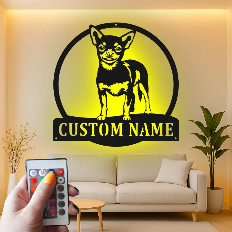 Décoration murale en métal personnalisée Chihuahua avec Rétroéclairage - Cadeau pour Amateurs de Chiens - Décor de Salon