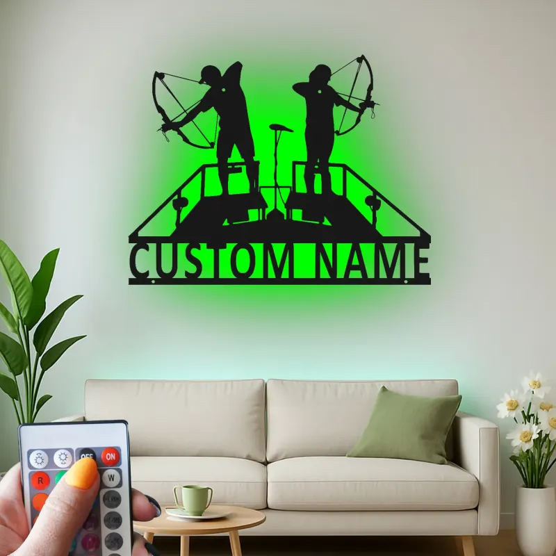 Personalisierte LED-Beleuchtung Metall-Wandkunst mit Bogenschützen-Silhouette – Geschenk für Bogenschützen, Spielzimmer oder Man Cave Dekor