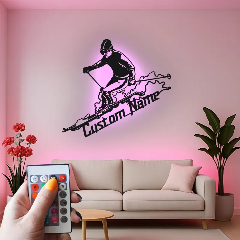 Custom Skier LED Metal Sign | Personalized Ski Lodge Decor | Illuminated Winter Sports Wall Art | Unique Athlete Gift