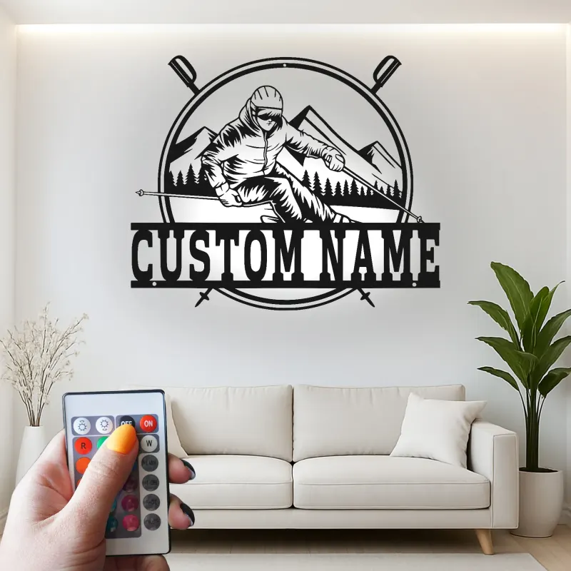 Panneau mural en métal d'alpiniste personnalisé | Décor de chalet moderne avec rétroéclairage LED | Cadeau unique pour les amateurs de sports d'hiver