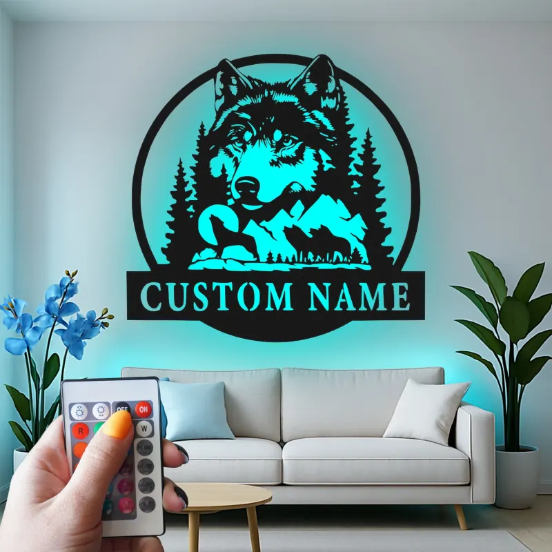 Cartel de metal personalizado con luz LED de lobo y bosque, regalo de vida salvaje personalizado para amantes de la naturaleza, decoración para cabañas