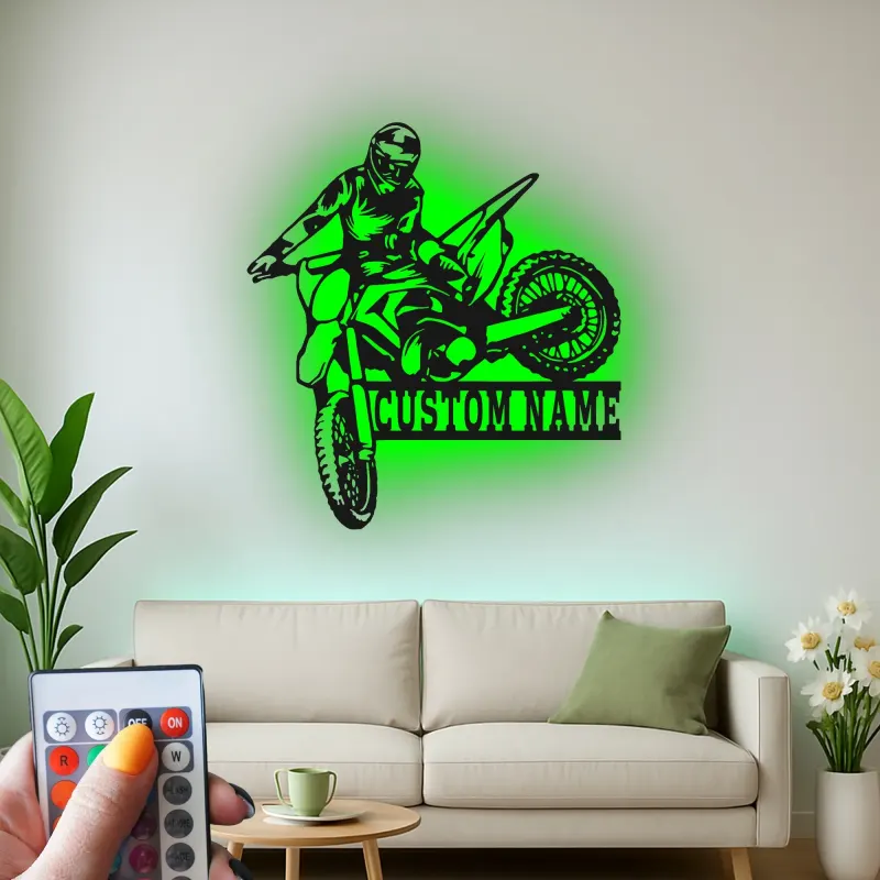 Custom Motocross Rider Led Light Metal Wall Art Personalized Gift for Dirt Bike Enthusiasts Garage or Man Cave Decor 3