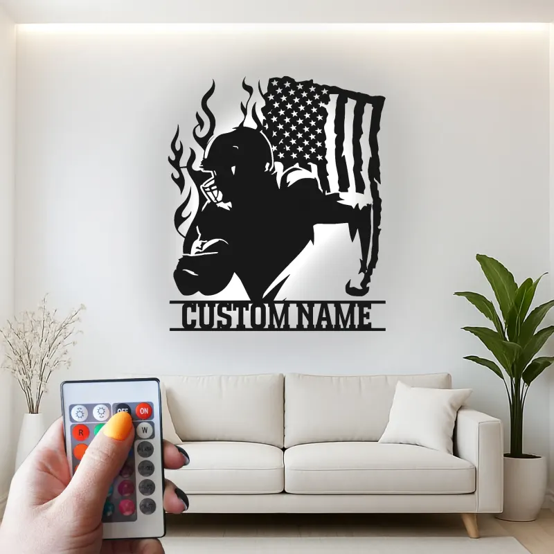 Plaque LED personnalisée joueur de football américain | Décoration murale en métal personnalisée pour salle de jeux | Cadeau pour adolescent sportif