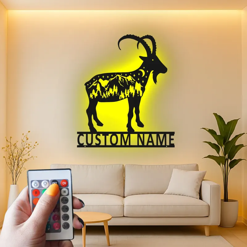 Custom Mountain Goat Metal Sign | Personalized LED Wall Art | Wildlife Decor for Nature Lover & Cabin
