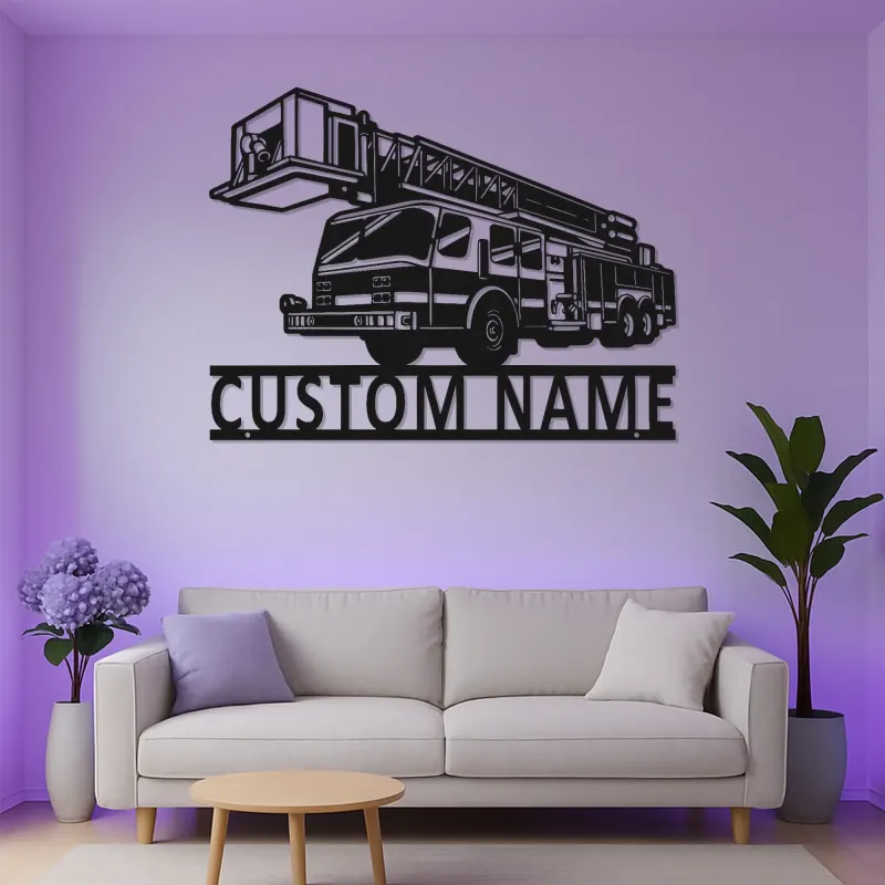 Panneau LED camion de pompiers personnalisé | Décoration murale en métal pour pompier | Décor de caserne | Cadeau pour premier intervenant