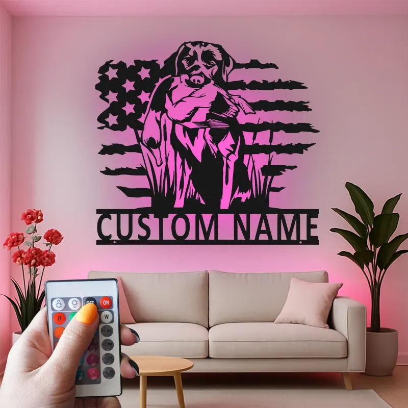 Panneau en métal personnalisé Labrador Hunting Dog | Décoration murale LED | Cadeau pour chasseur avec drapeau américain | Décor de cave et de chalet