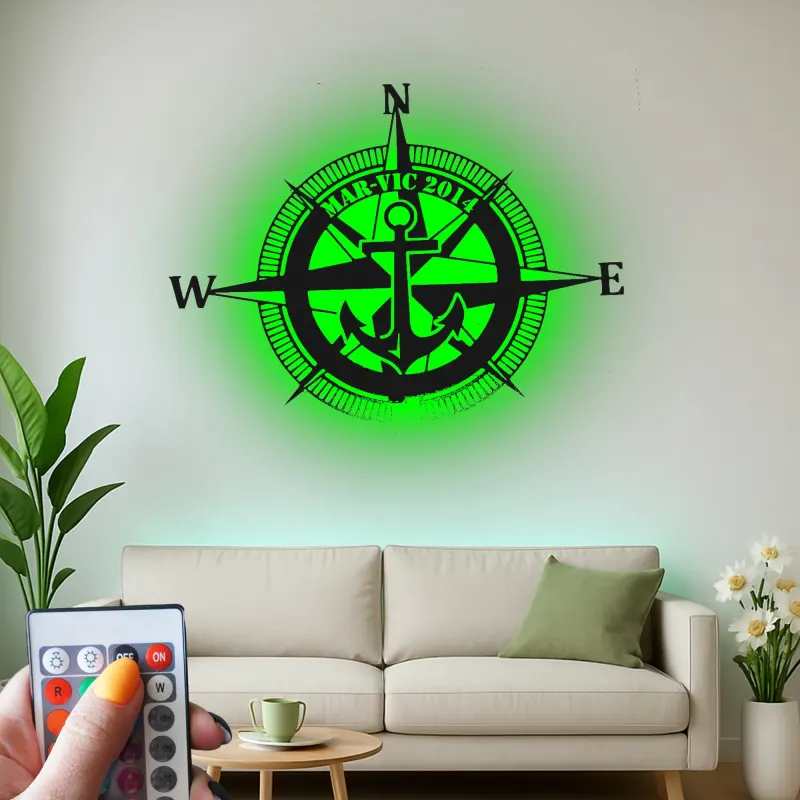 Nautical Compass LED Metal Wall Art | Custom Anchor Sign for Coastal Decor | Personalized Sailor Gift & Boat Cabin Signage