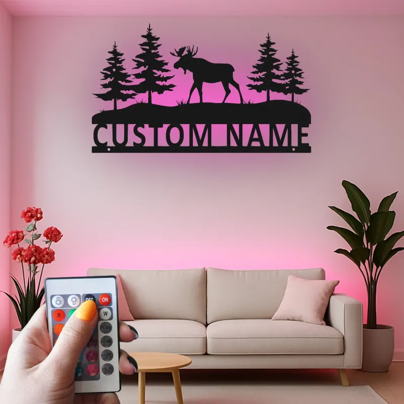 Custom Moose Metal Wall Art | Personalized LED Sign for Cabin Decor | Rustic Forest Scene for Outdoorsman Gift | Backlit Wildlife Art