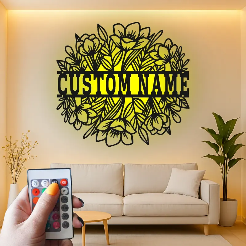 Cartel de nombre floral personalizado con LED | Arte mural de metal personalizado para ella | Decoración moderna boho para guardería y sala de estar