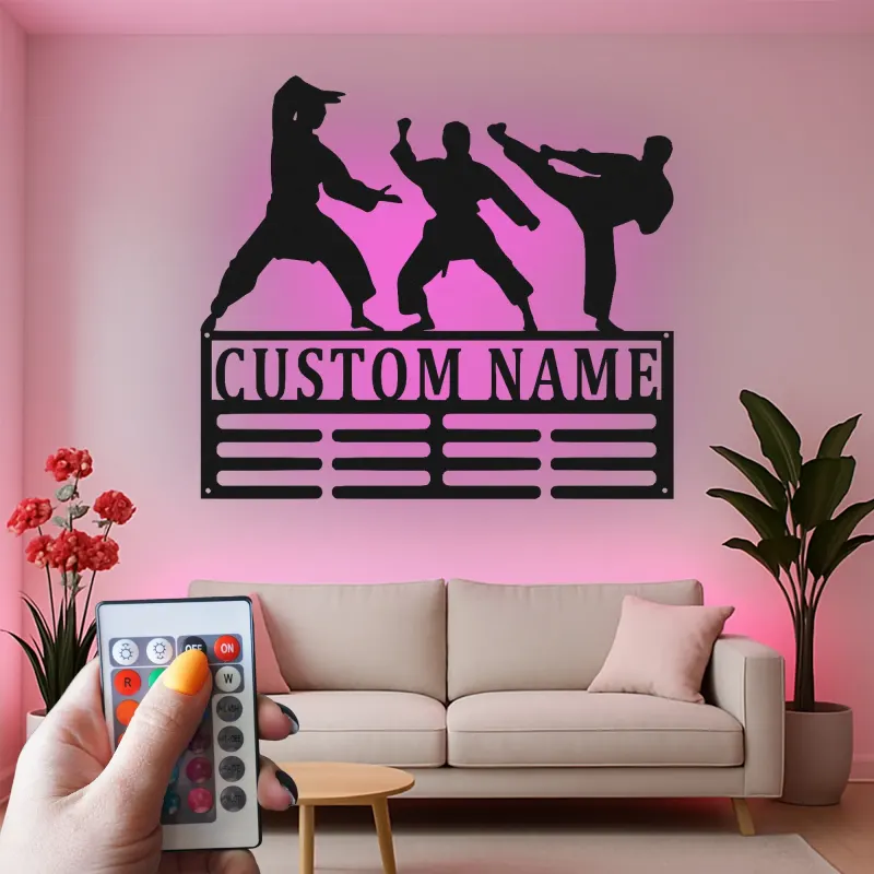 Expositor personalizado de cinturones de karate | Cartel LED personalizado de artes marciales | Decoración mural de metal para dojo | Regalo para cinturón negro