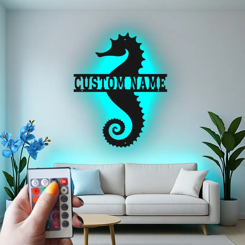 Panneau Métal LED Hippocampe Personnalisé | Décoration Murale Nautique Personnalisée | Décor Maison de Plage & Cadeau pour Amoureux de l'Océan