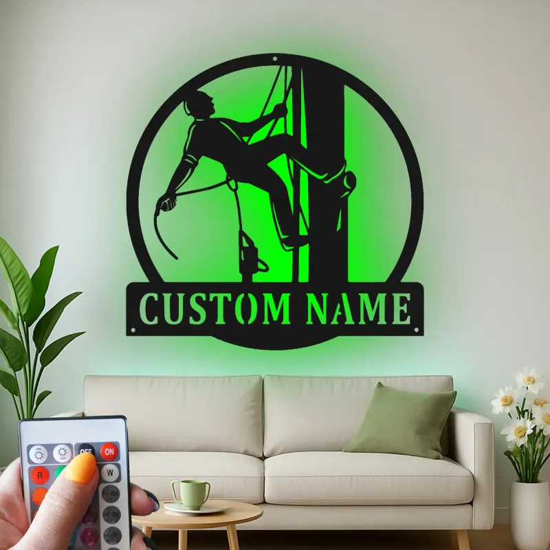 Arte murale in metallo LED Lineman personalizzata | Regalo per elettricista personalizzato | Insegna silhouette per lavoratori dei servizi pubblici per casa, ufficio o garage